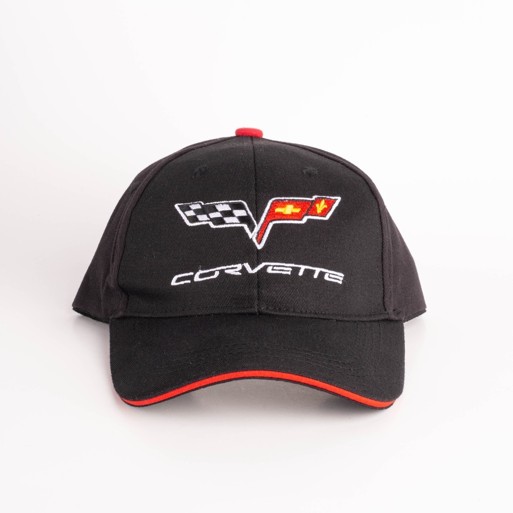 Corvette Embroidered Hat in Black With Red Visor Trim